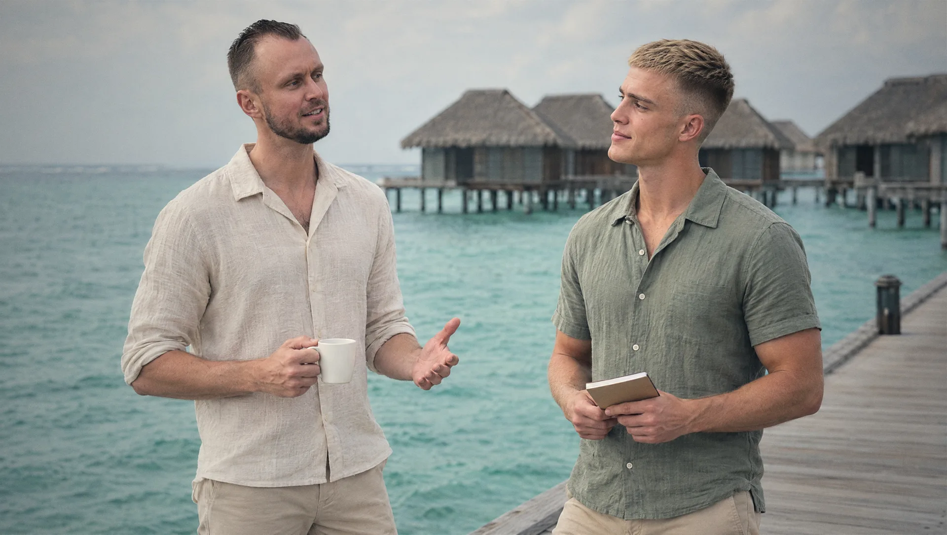 Michael Selck und Vito Krull besprechen sich auf einem Steg vor den Wasserbungalows der Malediven — Vorbereitung auf das Strategie-Retreat