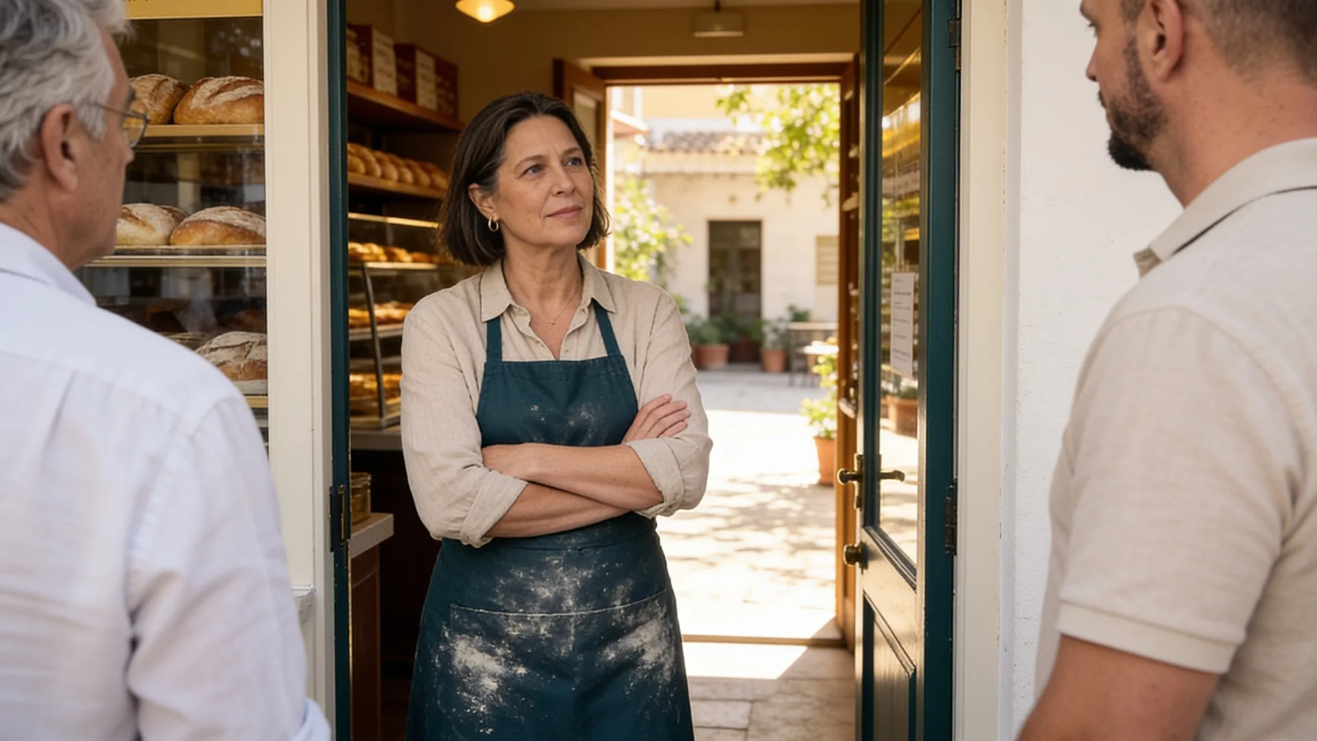 Eine Bäckereiinhaberin steht nachdenklich und selbstbewusst in der Tür zu einem sonnigen Hof — ist ihr Betrieb förderfähig?