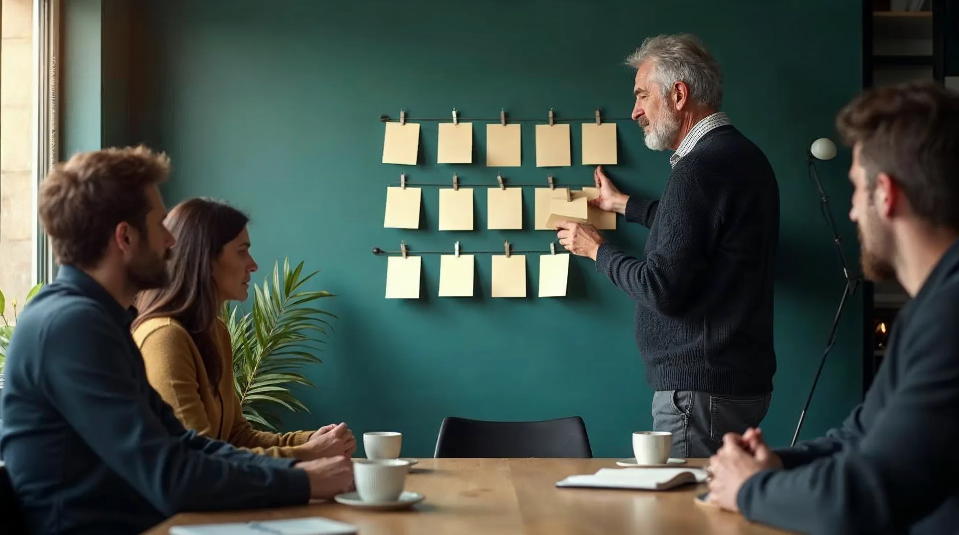 Ein Inhaber heftet leere Karten an die Wand des Besprechungsraums, zwei Führungskräfte aus seinem Team verfolgen am Tisch die Planung — Jahresplanung mit dem Führungsteam