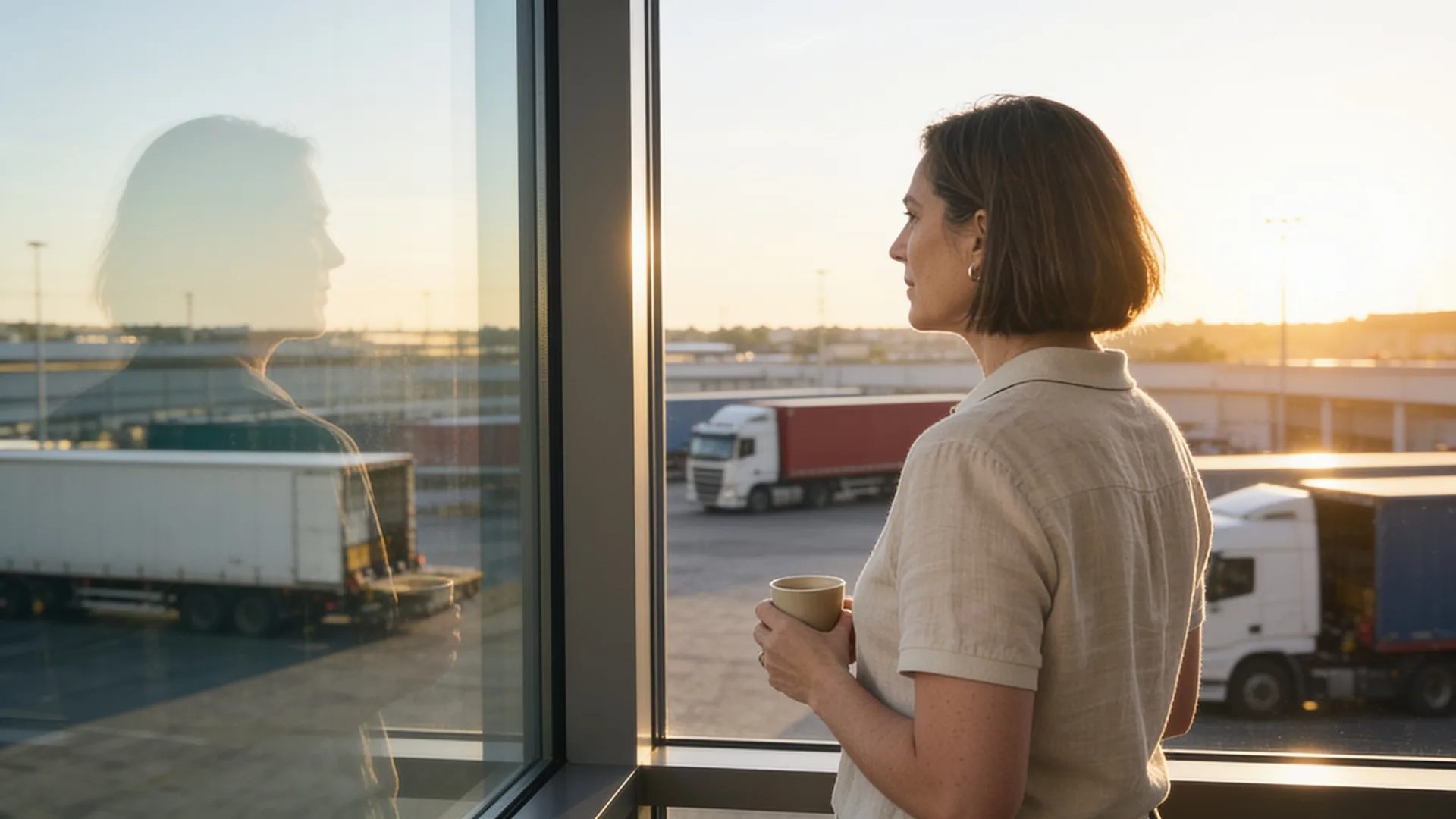 Eine Geschäftsführerin steht morgens mit Kaffeetasse am Fenster und blickt auf den Betriebshof — die Zahlen der Woche im Kopf