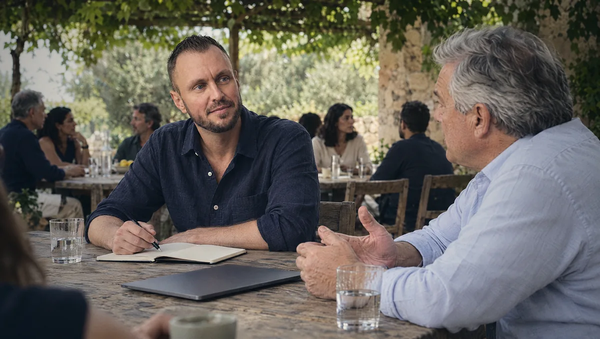 Michael Selck hört einem Unternehmer im Erstgespräch aufmerksam zu und macht sich Notizen, an einem Holztisch unter der Pergola
