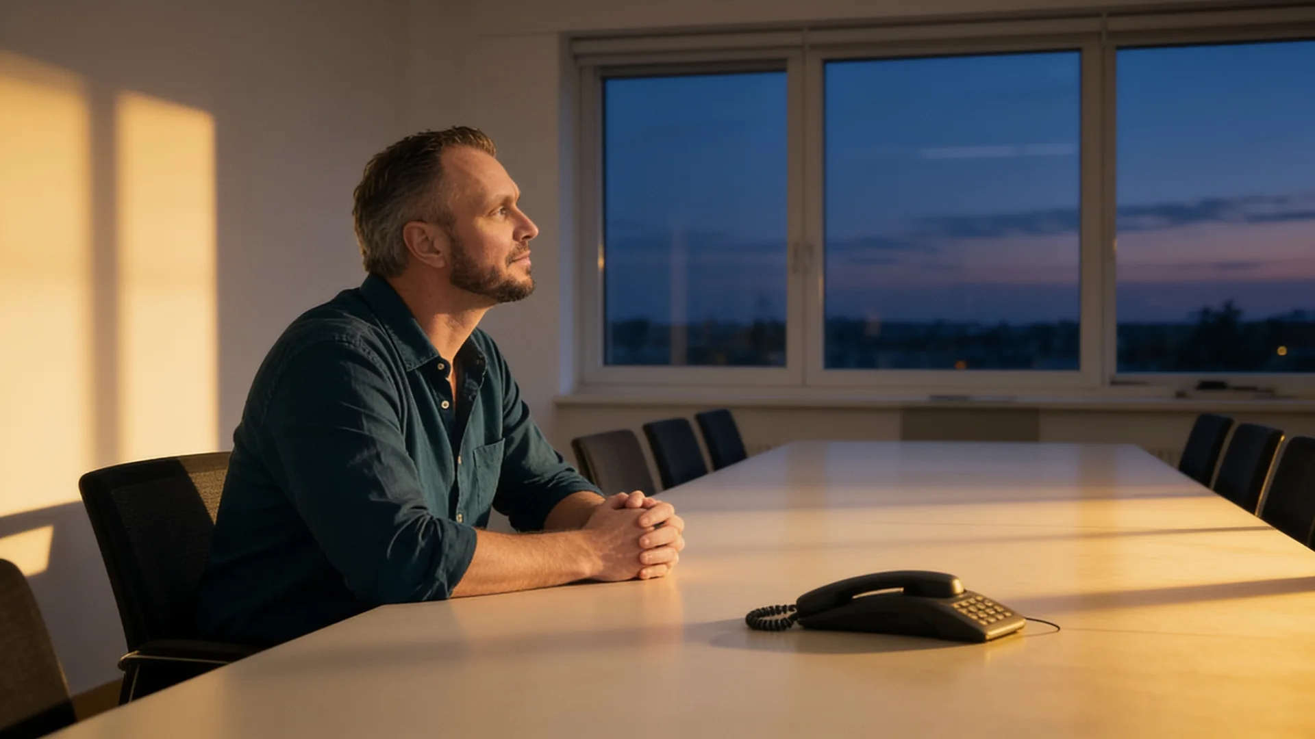Ein Dachdeckermeister sitzt abends allein am Ende seines Besprechungstischs, das Telefon bleibt still — Werbebudget ohne Anfragen